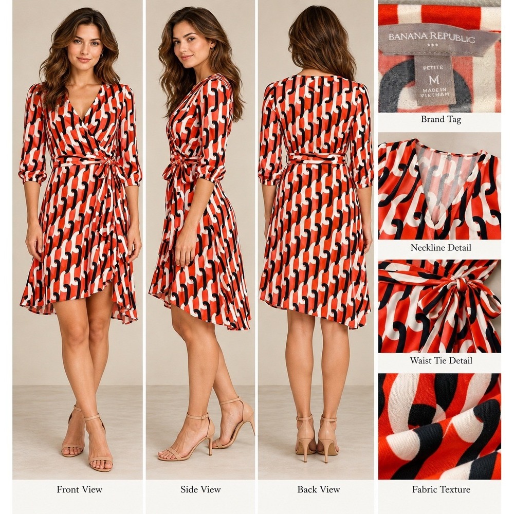 Banana Republic Wrap Dress Womens PM Orange Excellent Office Siren 90s Geometric